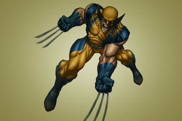 Comics X-Men, Wolverine Logan in a classic yellow and blue suit with claws released in a jump