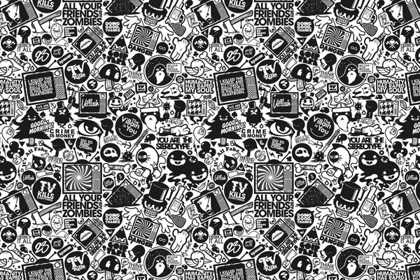 Black and white image of cartoon characters and symbols