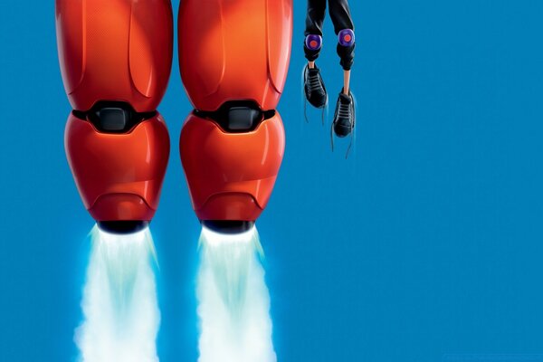 The legs are jet engines of a superhero in orange armor on a blue sky background