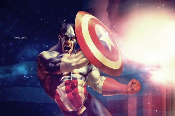 Comic-Figur, Captain America mit Schild in der Hand, im Hintergrund in den Farben der amerikanischen Flagge