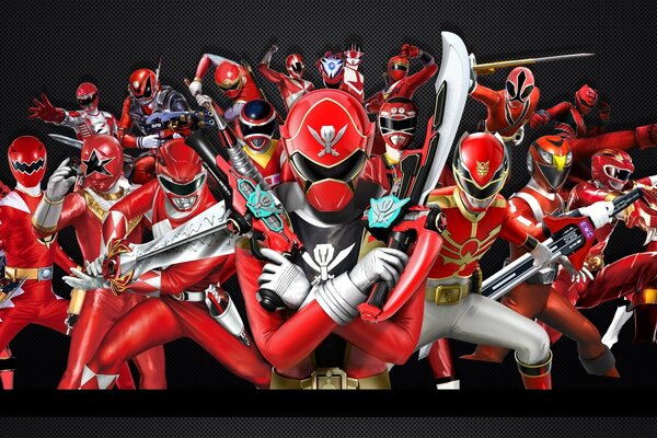 A lot of red rangers with weapons