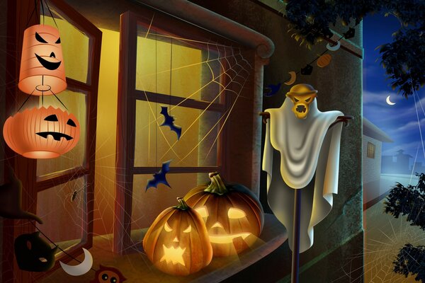 Ilustración de Halloween con calabazas y telarañas