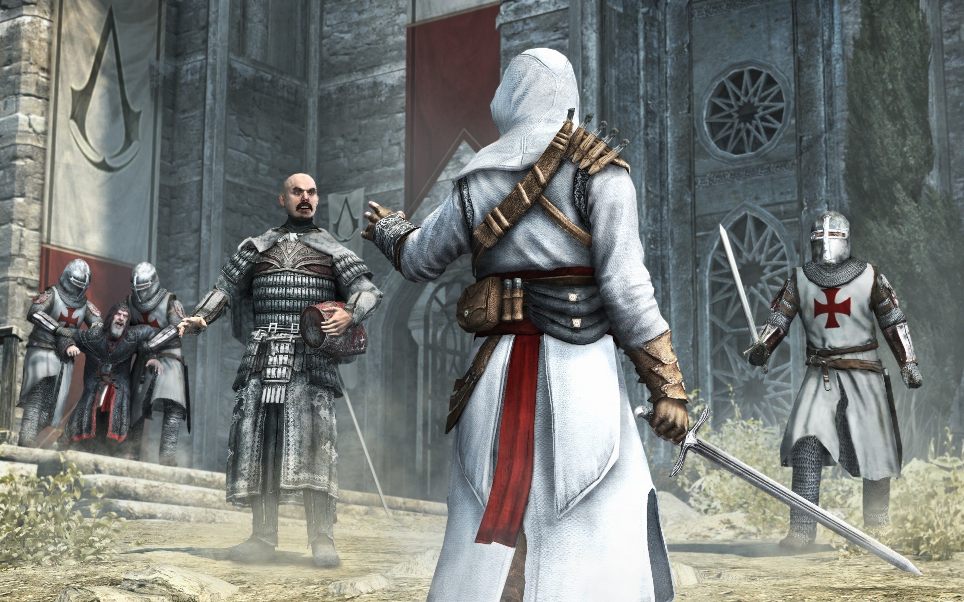 assassin s creed schwert waffe rüstung ritter gothic militär krieg soldat schild wache kampf krieger helm armee verteidigung tragen tunika kreuzfahrer ritterlichkeit