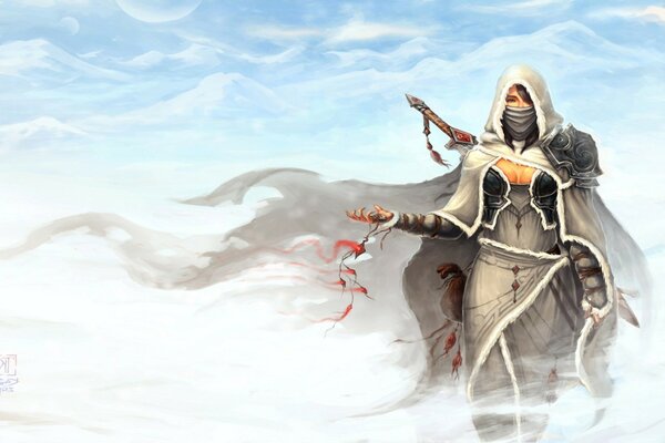 A female warrior in the snowy desert