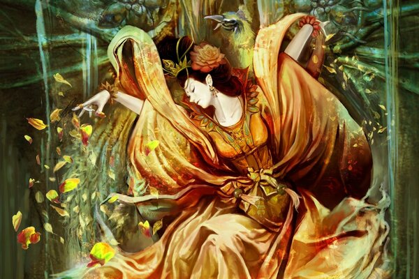 Dancing woman with autumn leaves