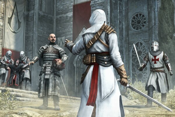 Escena con guerreros y guardias del juego de ordenador assassin s creed