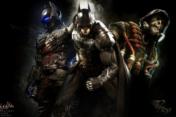 3-d graphics of Batman in an armored suit and his enemies