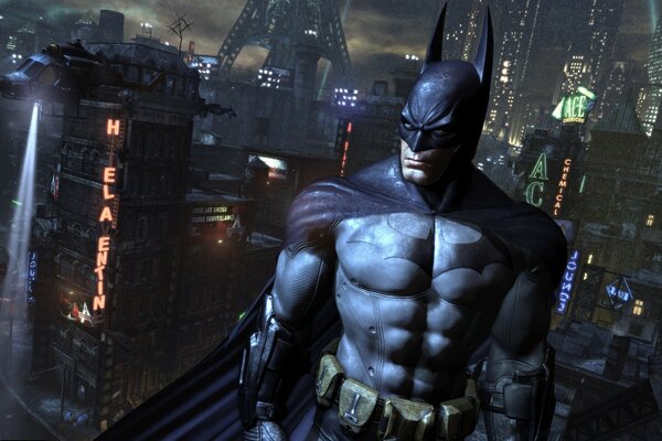 Dark Batman on the background of the city in gray colors