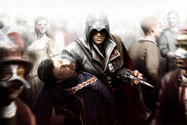 Assassin s creed Und maskiertes Mädchen im Hintergrund