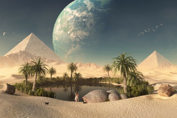 Fantasy landscape pyramids oasis earth planet