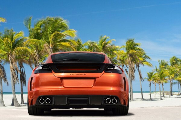 Porsche panamera among palm trees on the sand