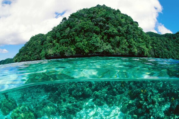 Tropical landscape with clear water and clouds