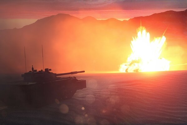 Explosion in the desert tank and mountains