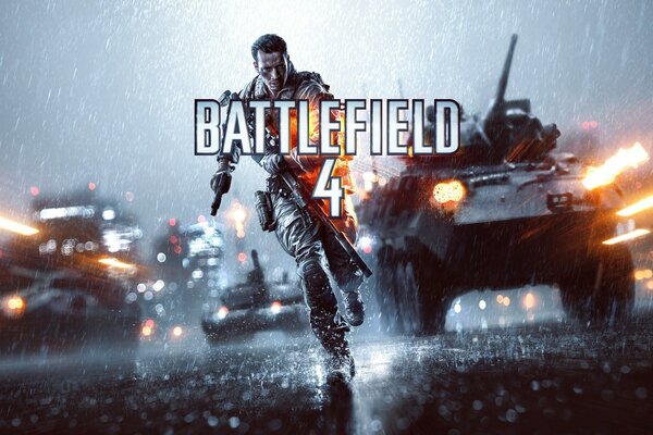 Il logo di battlefield 4 il combattente corre e dietro il carro armato