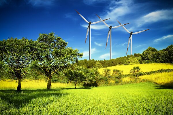 Trois éoliennes sur une colline au milieu de la verdure