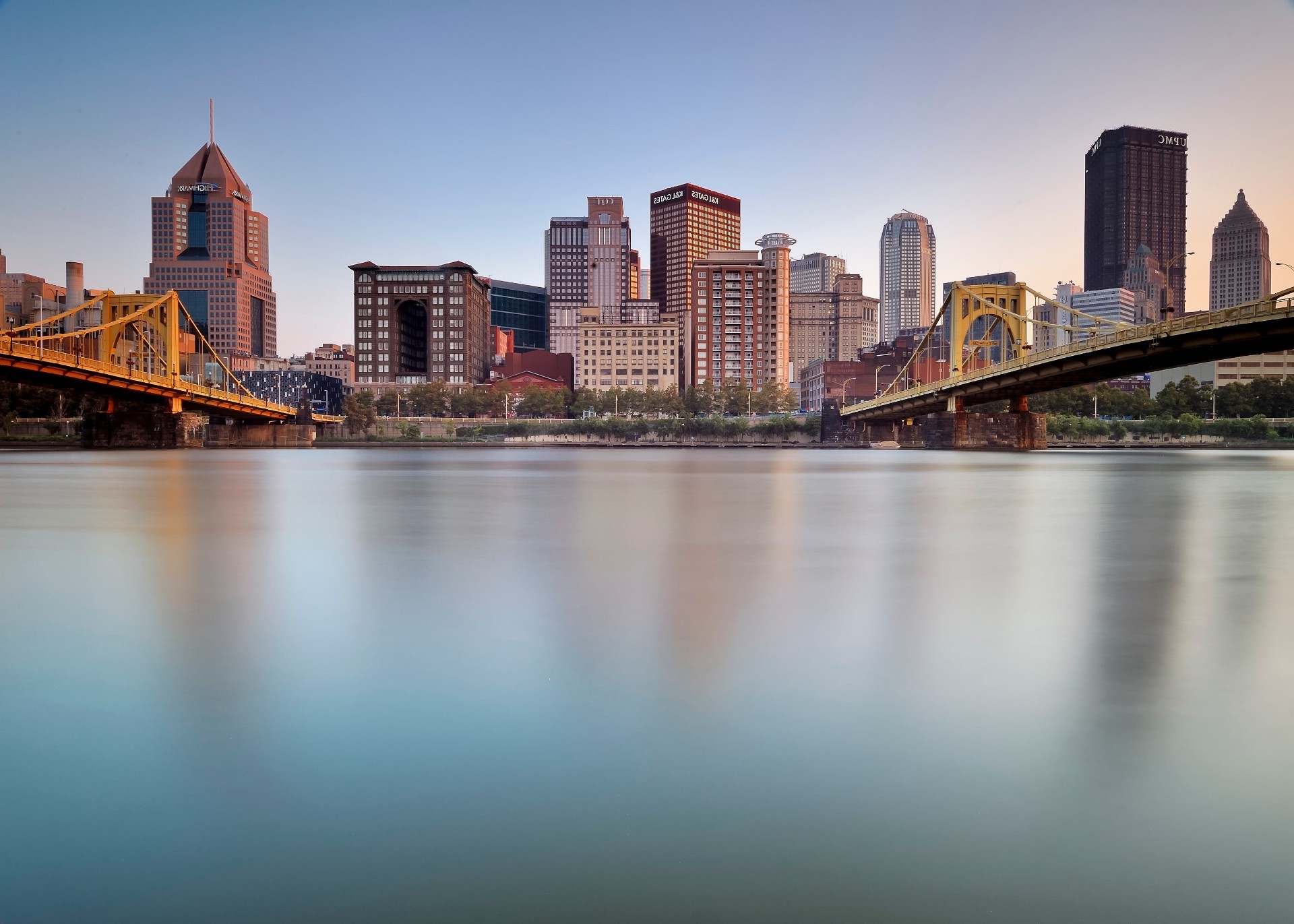 bridges city architecture river bridge water skyline travel reflection cityscape downtown sunset dusk building skyscraper waterfront sky evening urban office