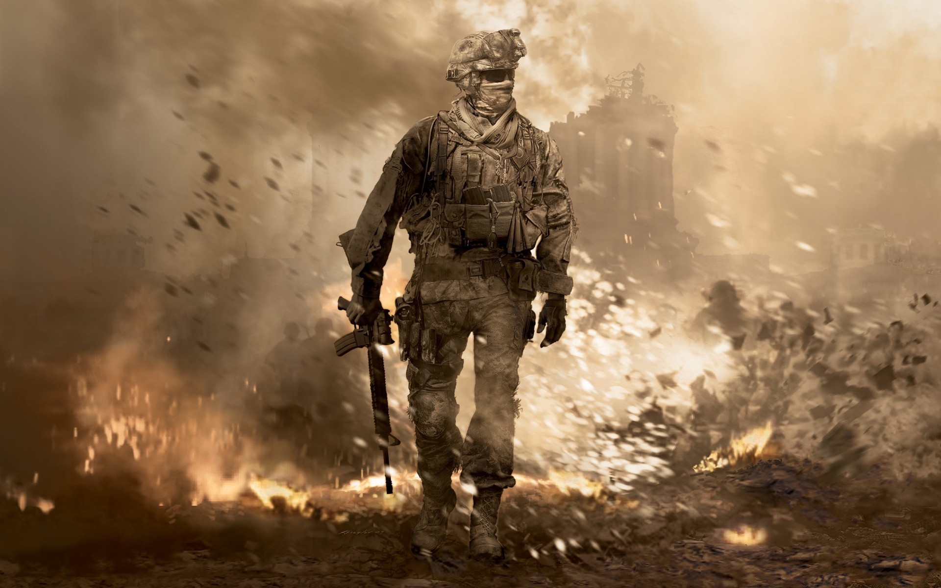 call of duty smoke man war military adult soldier one uniform wear flame weapon calamity combat fog army gun battle