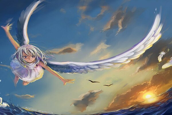 A girl with angel wings hovers over the water