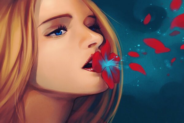 Drawing girl lips holding a scarlet flower on a dark blue background