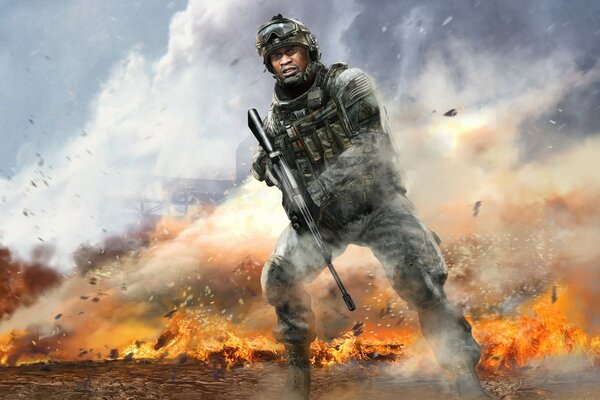 An armed soldier on the background of fire