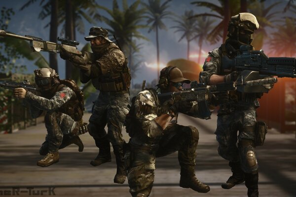 A group of soldiers on the background of palm trees