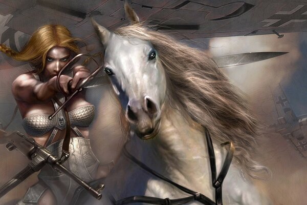 A warrior girl on a white horse