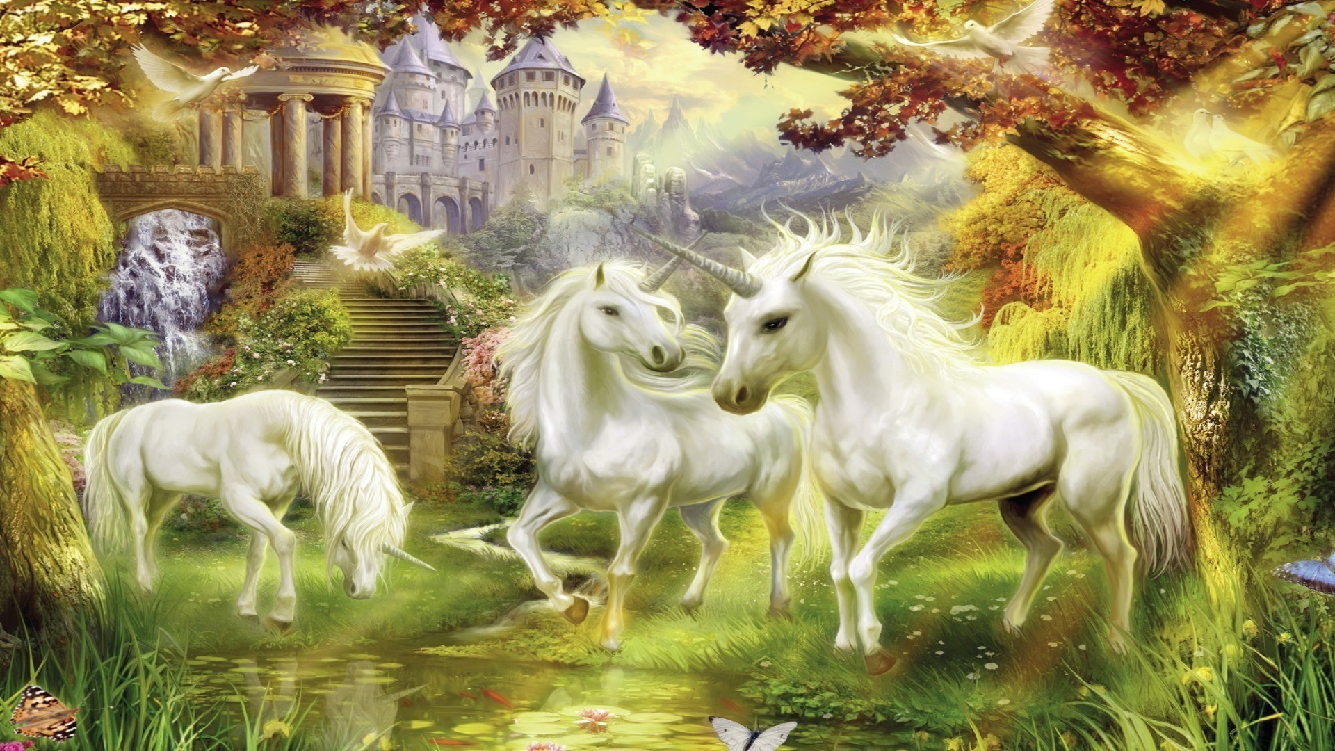 A family of unicorns at the castle in the Park - Phone wallpapers