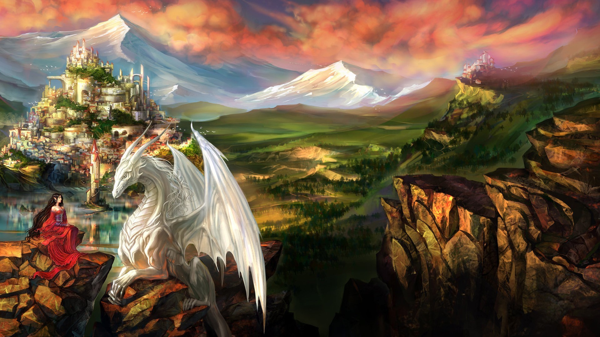Princess,dragon,castle,mountains - Android wallpapers