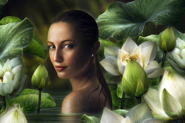 A girl in the water surrounded by lilies
