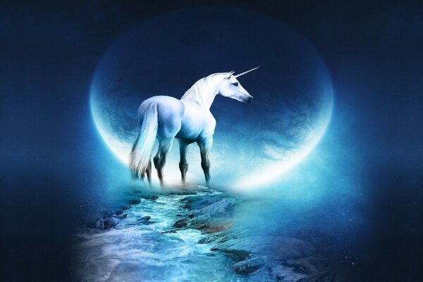 A magical unicorn stands in front of the moon