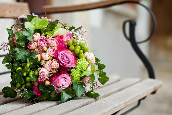 Wedding bouquet forgotten on the bench