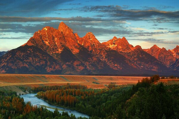 The mountains are beautiful in a red sunset