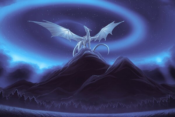 Dragon blanc sur la colline de la nuit