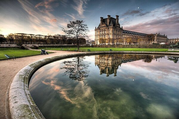 Ancient architecture on the background of a pond