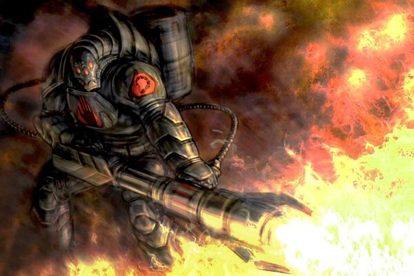 Fantasy in a spacesuit burns everything around with napalm