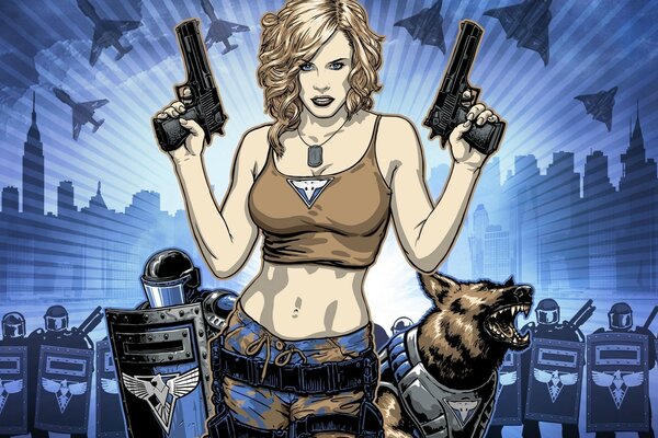 A girl with pistols accompanied by a dog