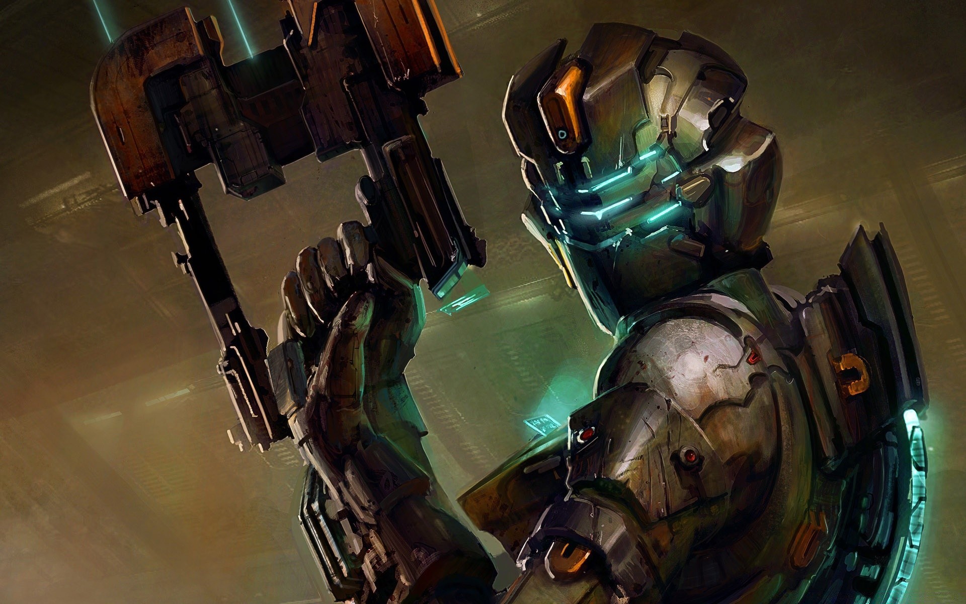 dead space robot indoors technology science war military weapon vehicle man one light blur