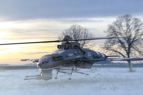 Helicóptero en invierno en la nieve, una vista muy hermosa