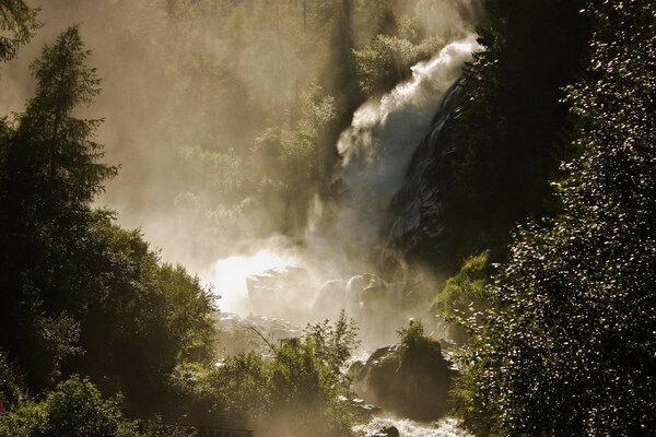 Paisaje de la naturaleza. Niebla sobre la cascada