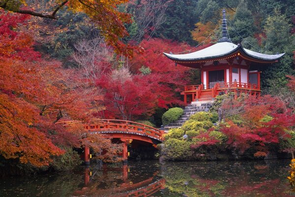 Pagode und Brücke in einem hellen Garten