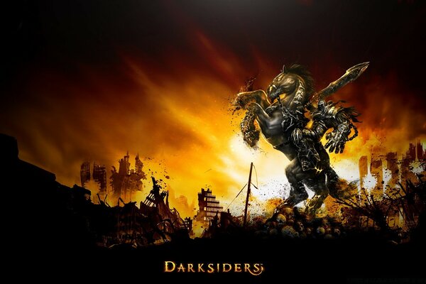 Imagen del videojuego Darksiders en el fondo de la puesta de sol