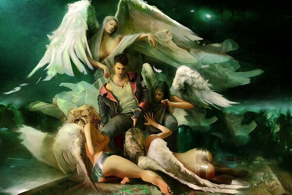 Female angels and a man from the game