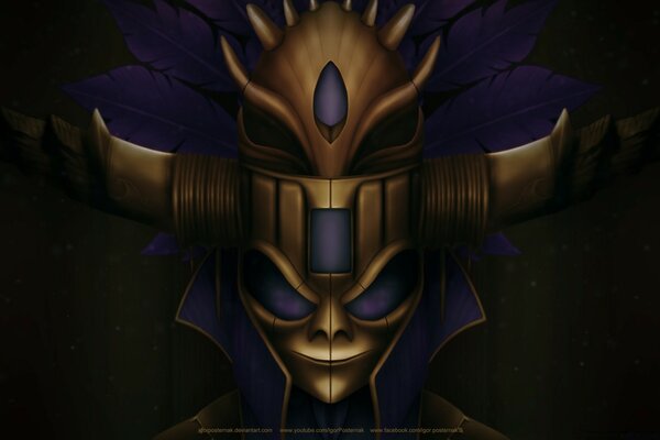 Golden devil mask on a dark background