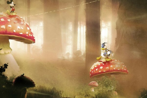 Les héros de Disney sur les champignons dans la forêt