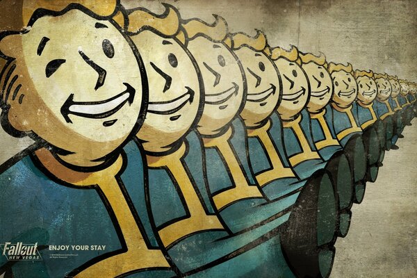 Fallout, un graffiti que representa a un personaje multiplicado con un traje azul con una franja amarilla