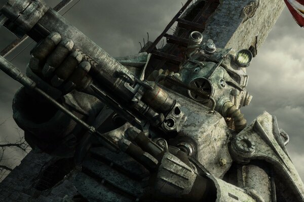 Fallout, a giant robotic humanoid fighting machine with weapons in chickens