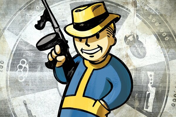 Fallout, ein Charakter mit einem blauen Hemd und einem Hut mit einer Maschine in der Hand