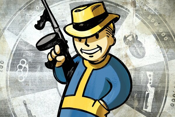 辐射，一个穿着蓝色衬衫和帽子的角色，手里拿着机枪