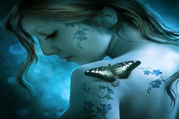 A girl with a tattoo and a butterfly on her shoulder