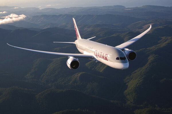 A passenger plane is flying over the hills